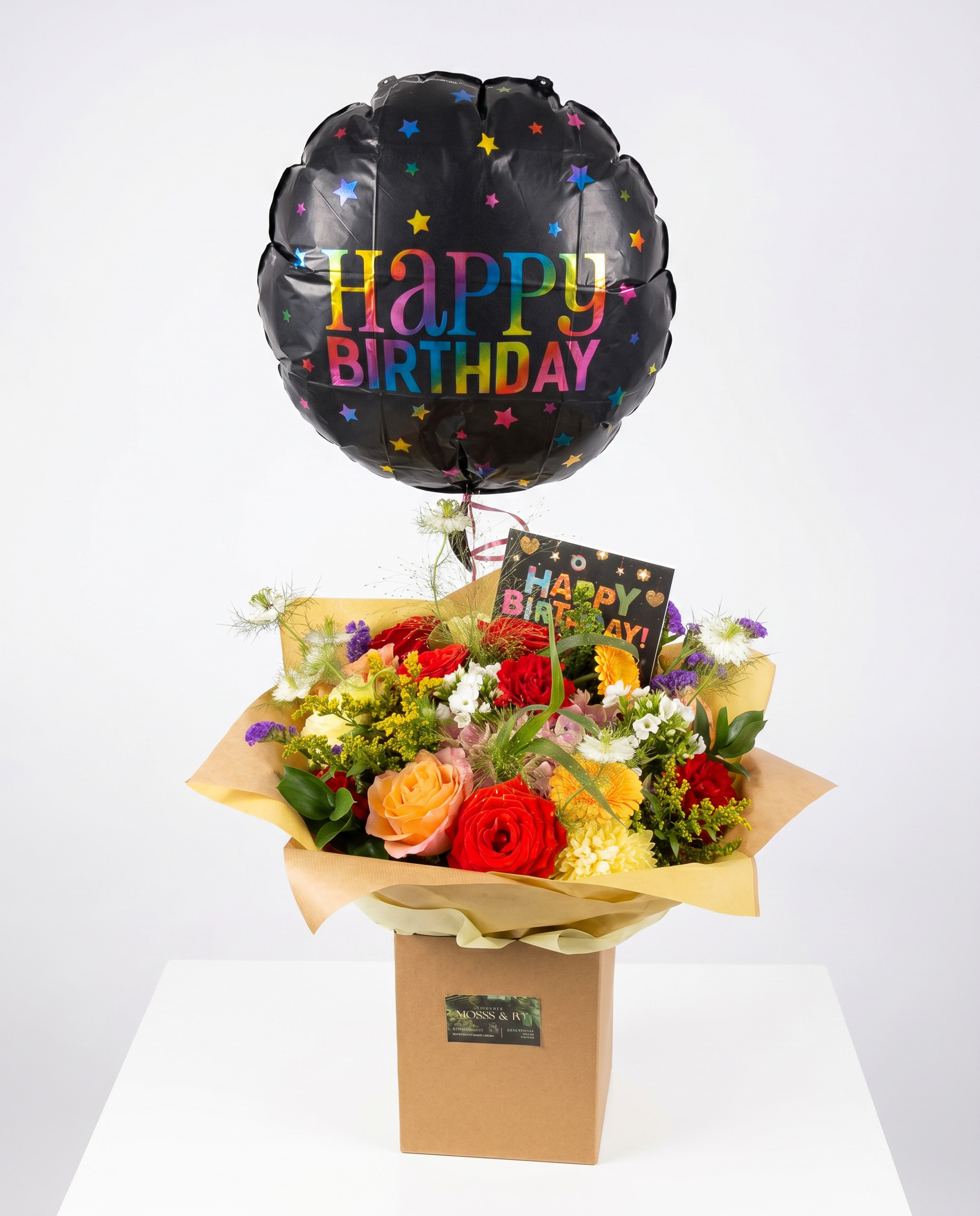 moss&ivy florist Bedford, weeding flowers, birthday flowers floristmossandivy.uk (13) "Birthday Wishes" Seasonal Flowers with Balloon & Card - Image 1